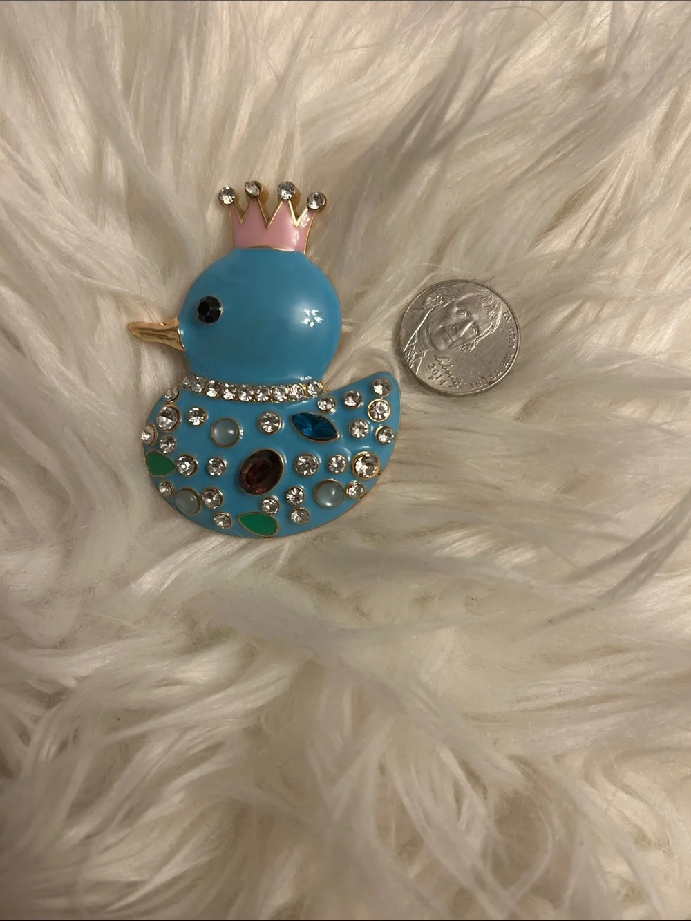Blue Jeweled Duck Brooch with Pink Crown